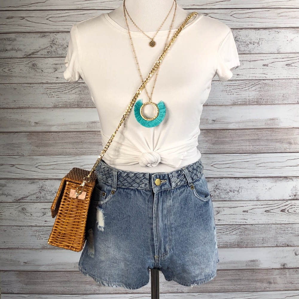 Braided Distressed Denim Shorts - Picture 2 of 5